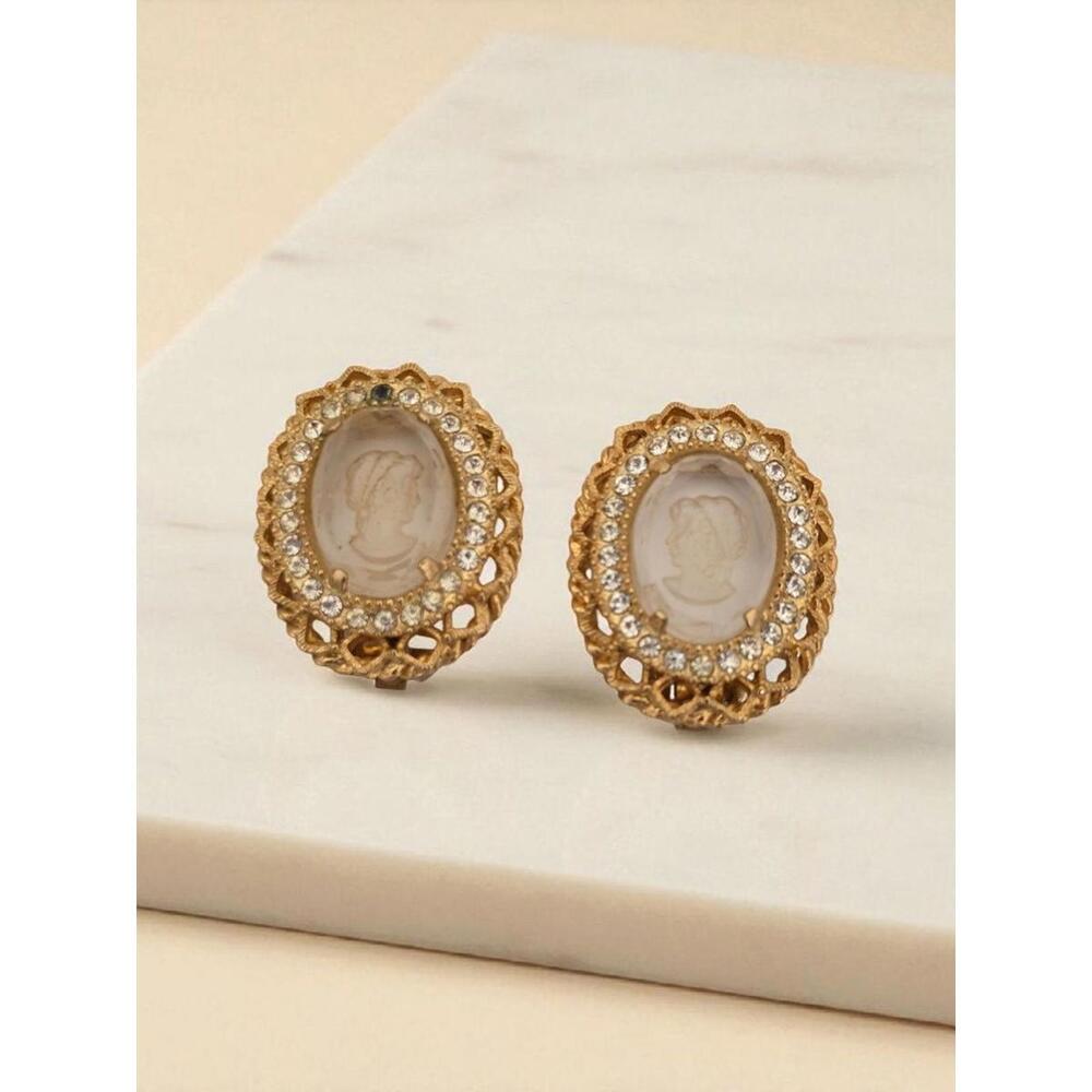 Vintage Park Lane Cameo Earrings – Gold Tone Clip-On with Rhinestones